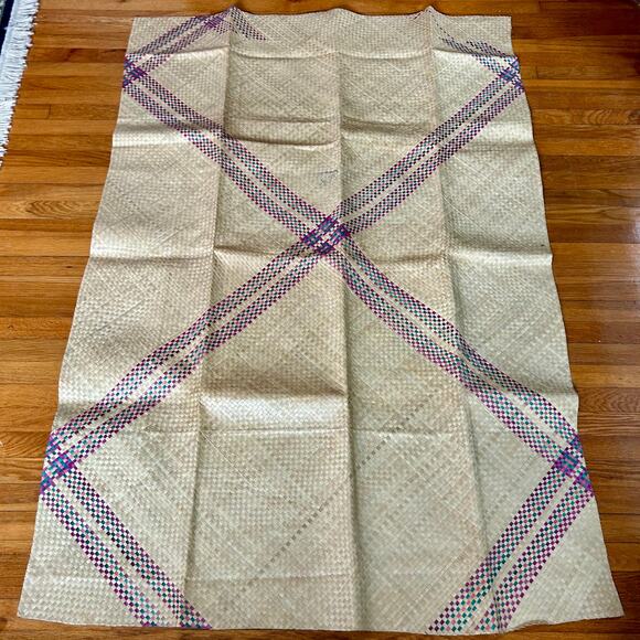 Vintage Banig Woven Mat 47 × 70 in Purple & Blue Plaid Design - Picture 1 of 11